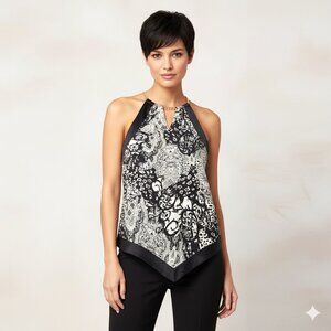 Thalia Sodi Leopard Print Halter Top Size S Chain Neck Black White Silky Blouse